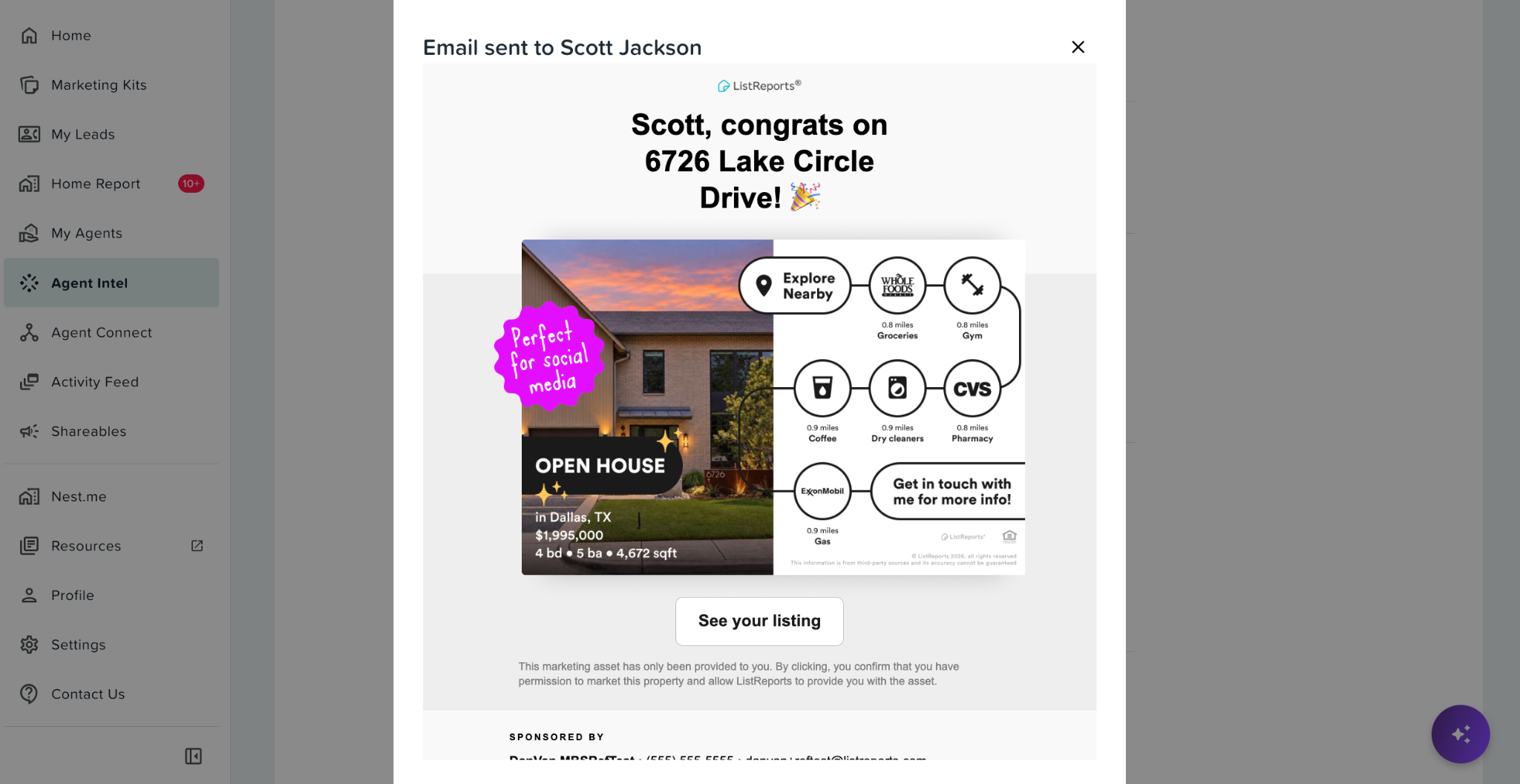 Preview of the outbound email and asset from the Latest Intel feed.