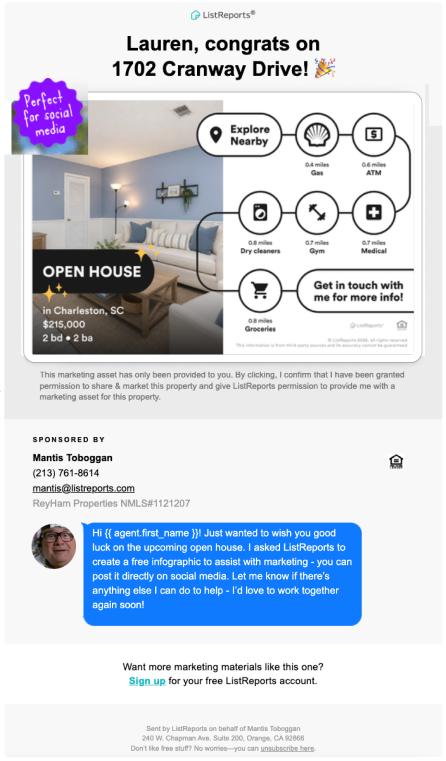 Example of the automated Open House email an agent receives, with your branding and marketing asset.