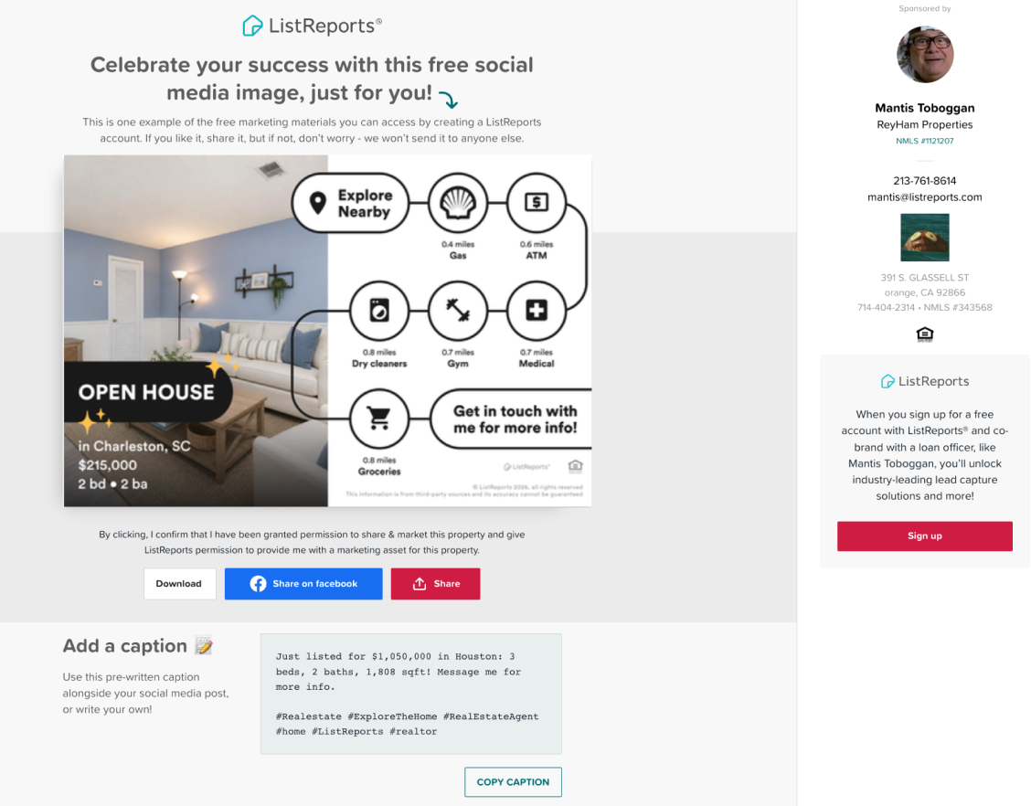 Agent landing page reached from the automated email.